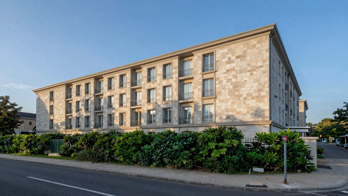 Immeuble résidentiel en pierre et végétation de rue, lumière chan