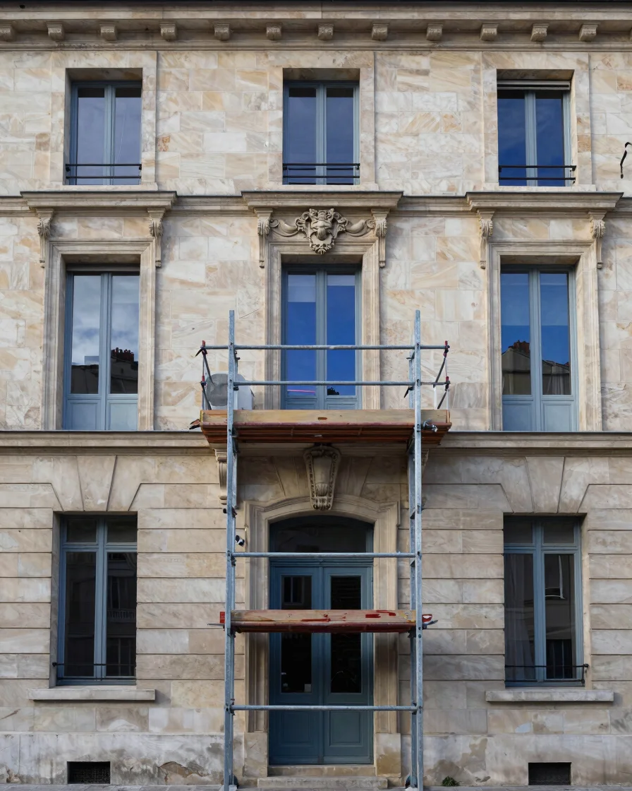 Détail d’une façade en pierre d’un immeuble résidentiel français